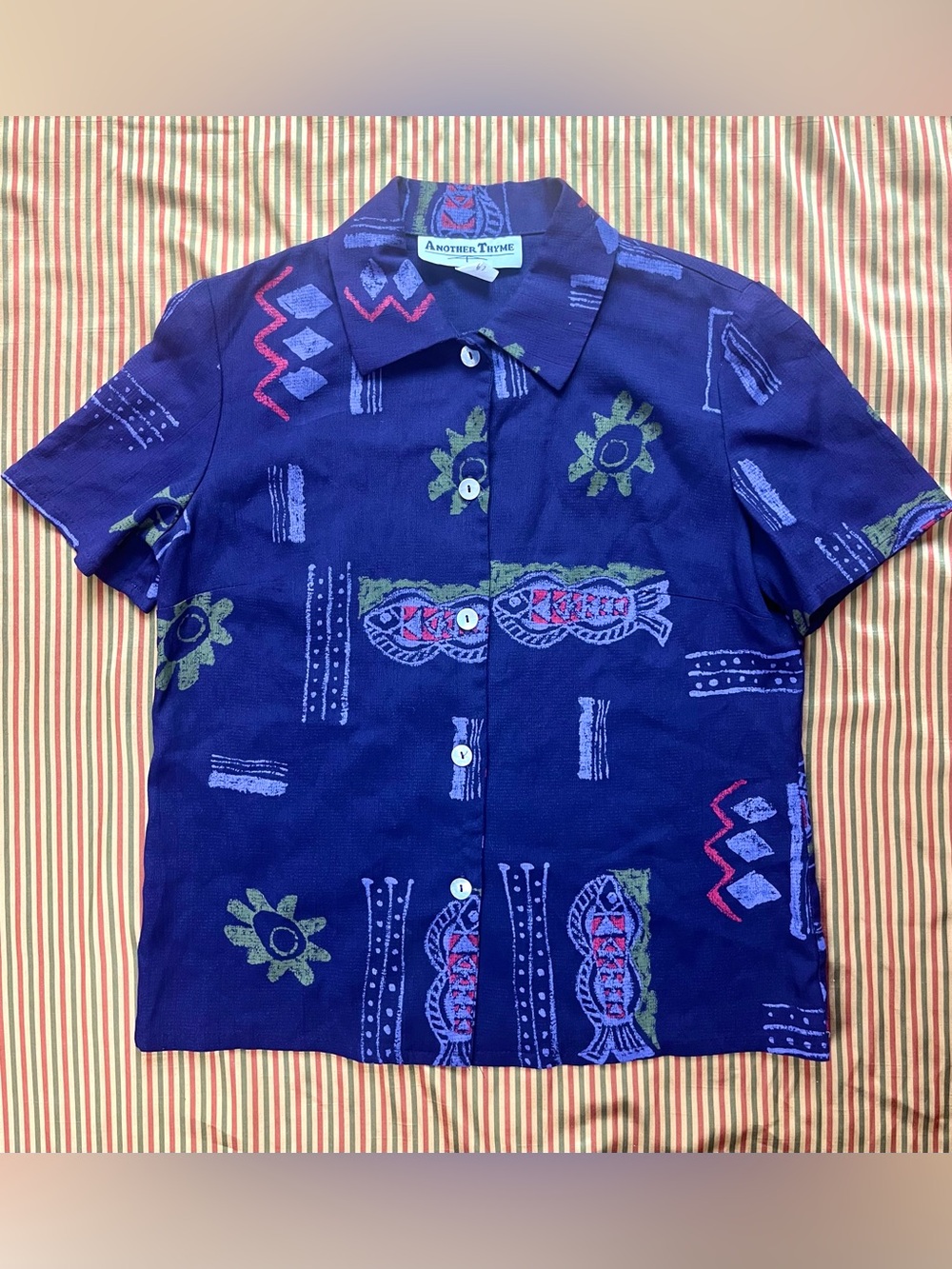 Vintage Another Thyme Purple Blouse Rayon Acetate Art Deco Fish Print 80s USA S